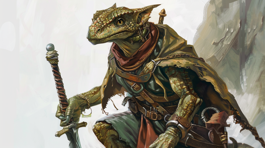 A kobold dressed in adventuring gear holding a sword